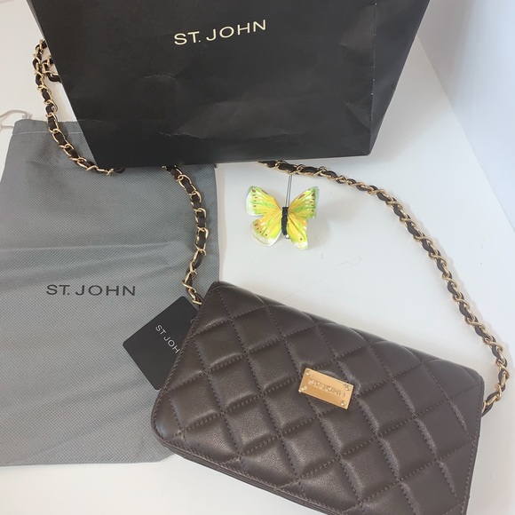 St. John Handbags - St. John Gold Chain Dark Brown Quilted Purse NWT